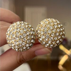 Vintage Christian Dior Ball Sphere Rhinestone Pavé Large Gold Clip-On Earrings